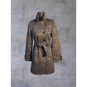 Giacca Trench Coat Womens Small Bronze Black Jacquard Belted Metallic EUC